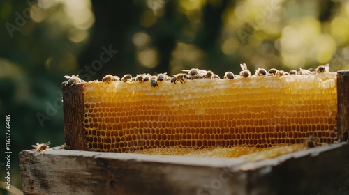 Close-Up of Honeycomb with Bees in Natural Garden Setting photo