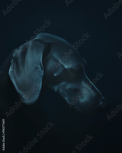 Head of a weimaraner dog against a dark background. Side view. Low key lighting.