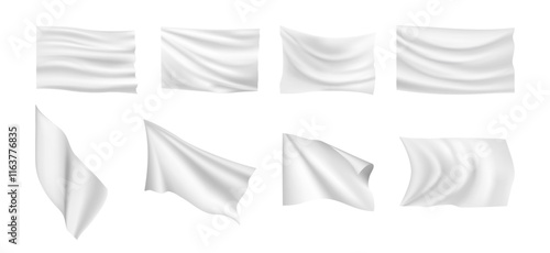 Waving textile cloth on wind, isolated set of realistic flag mockup with copy space. Vector fabric sheet for advertisement, clear folded material for message or announcement, horizontal labels