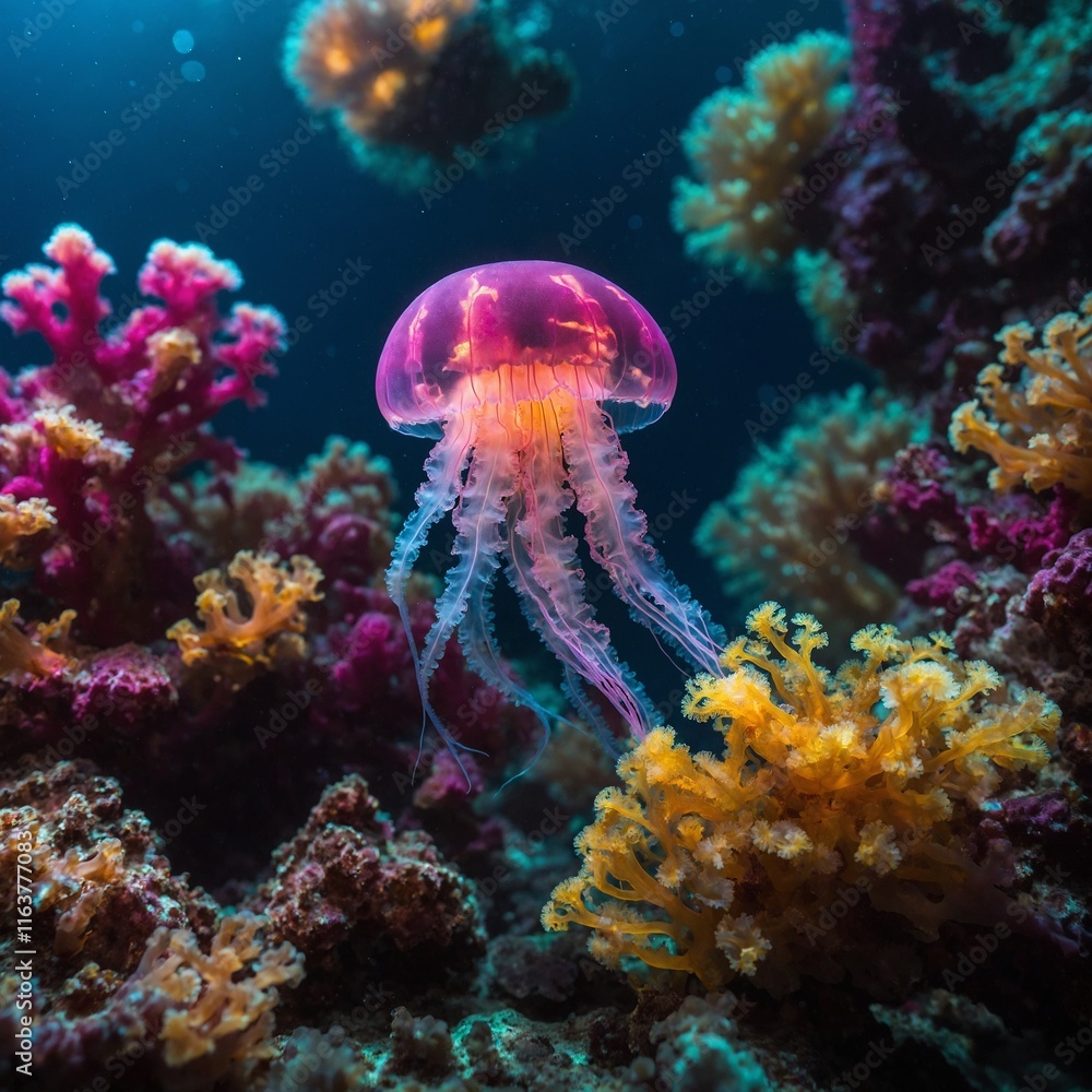 Naklejka premium A baby jellyfish with bright pink and yellow bioluminescent patterns floating near glowing coral, with a blurred dark ocean.