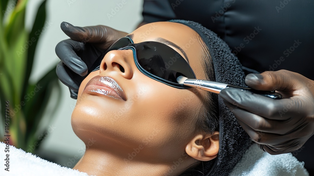 Naklejka premium Woman Receiving Facial Treatment with Protective Eyewear in Spa