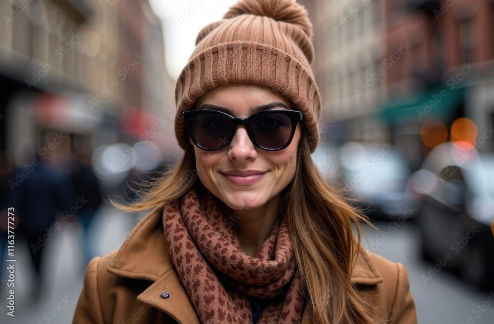 autumn fashion look in tones of mocha mousse color of the year 2025, seasonal apparel promotion. stylish young woman wearing beanie, scarf and sunglasses. winter urban style autumn fashion look in tones of mocha mousse color of the year 2025, seasonal apparel promotion. stylish young woman wearing beanie, scarf and sunglasses. winter urban style