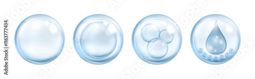 Bubble with drop of water or collagen, realistic serum hyaluronic acid. Vector vitamin solution complex with chemical formula from nature. Beauty luxury skin care treatment, scientific concept