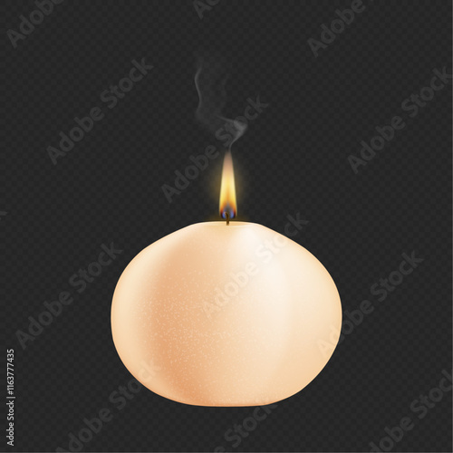 Round ball sphere paraffin or natural wax candle, scented or aromatic fragrance. Vector realistic candlelight, burning wick with flames and smoke from blowing out bright spark