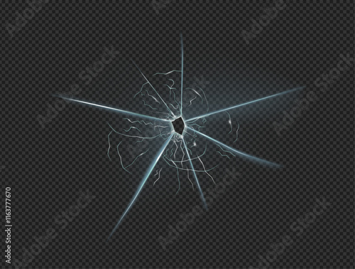 Realistic hole with cracks on screen, smashed or cracked window. Vector trace of bullet shattered glass with fractures. Crime and vandalism texture. Broken solid surface, gunshot effect