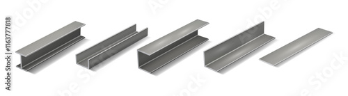 Realistic rectangular steel or metallic pipes for construction and buildings. Vector stainless heavy pile of products for factory, manufacturing parts or elements for industry and technology