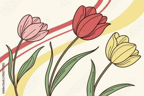 Tulip Trio: Three Tulips in a Row Vector Illustration on White Background