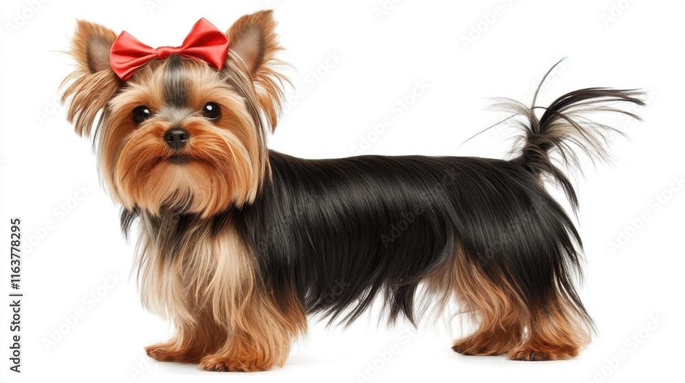 Cute yorkshire terrier with red bow standing on white background Cute yorkshire terrier with red bow standing on white background