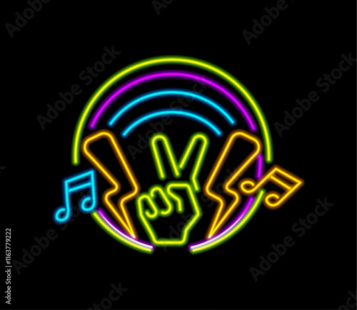 Glowing sign of peace gesture with treble clef and thunderbolt and sound waves. Vector realistic hippie symbol with neon light effect. Night club badge or signboard. Karaoke bar entertainment