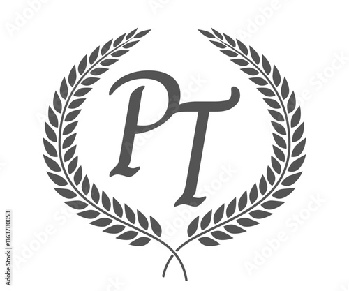 Initial letter P and T, PT monogram logo design with laurel wreath. Luxury calligraphy font.