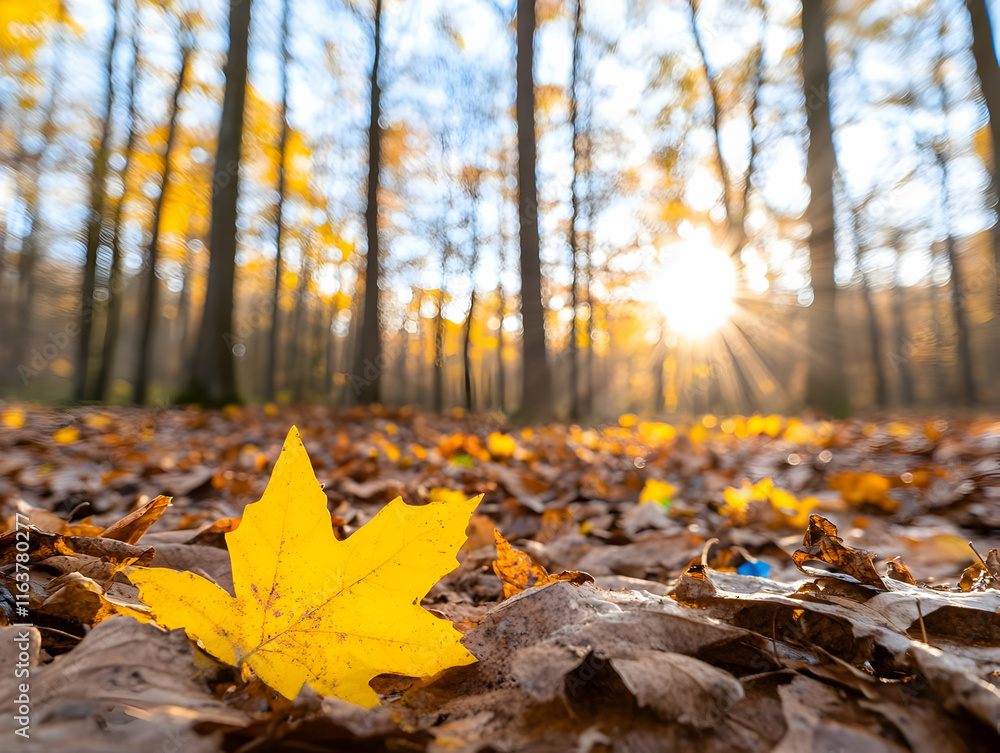 Yellow maple leaf on forest floor with autumn foliage and sunbeams. Yellow maple leaf on forest floor with autumn foliage and sunbeams.