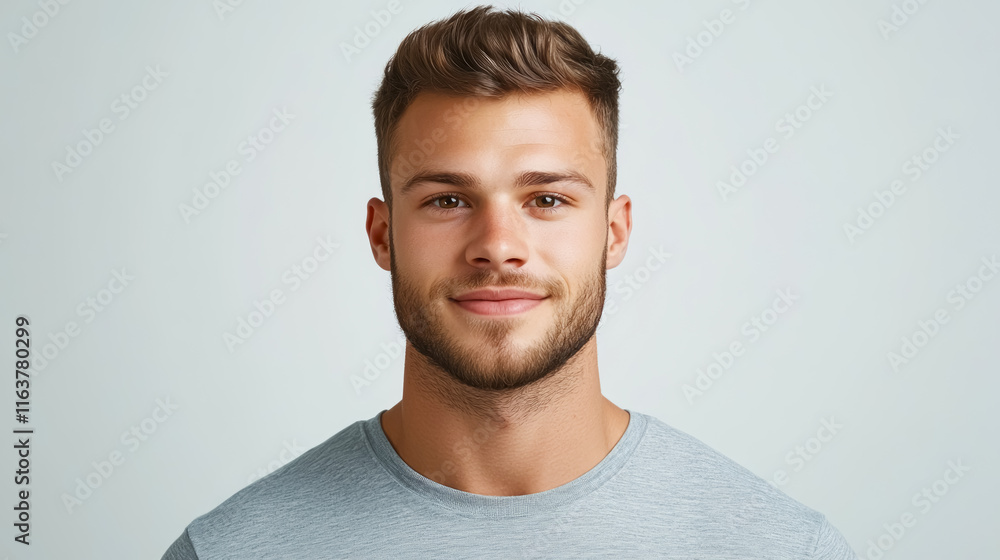 Captivating portrait of a confident young man with a warm smile against a seamless white backdrop Captivating portrait of a confident young man with a warm smile against a seamless white backdrop