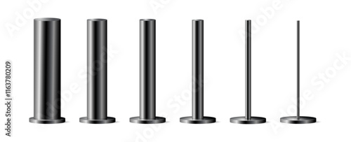 Metal billboard stands or advertisement poles. Vector isolated realistic set of glossy black bases of different diameters and thicknesses. Construction material for architecture, base or holders
