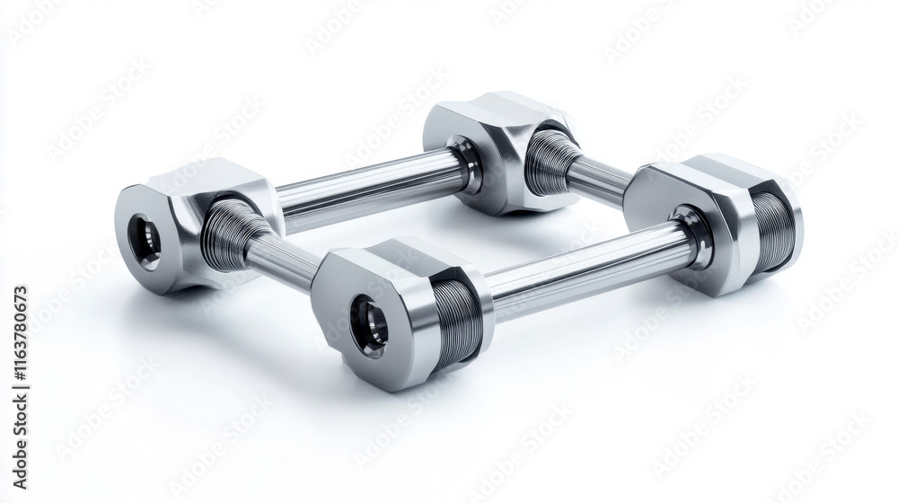 High-quality chrome dumbbells with hexagonal ends on white background High-quality chrome dumbbells with hexagonal ends on white background
