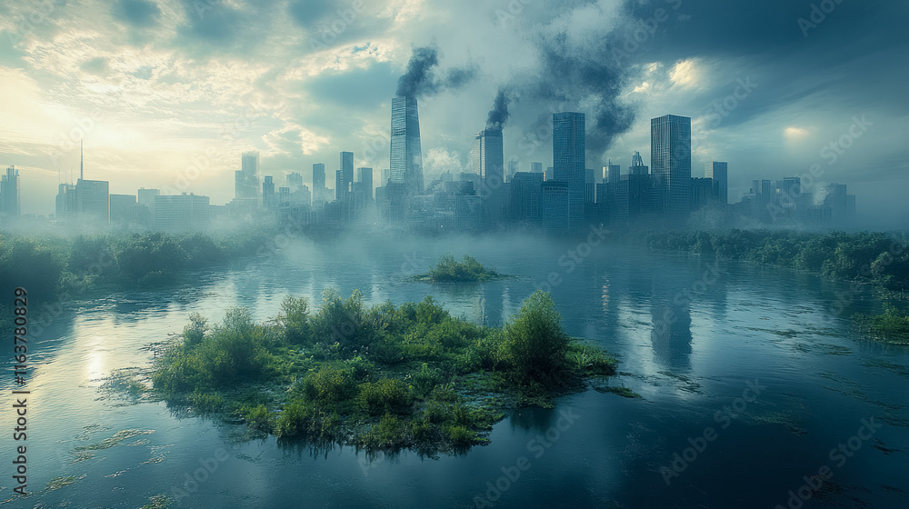 Naklejka premium A moody cityscape with fog, water, and damaged buildings, portraying a sense of urban decay and environmental change under an overcast sky, with a dramatic, atmospheric feel.