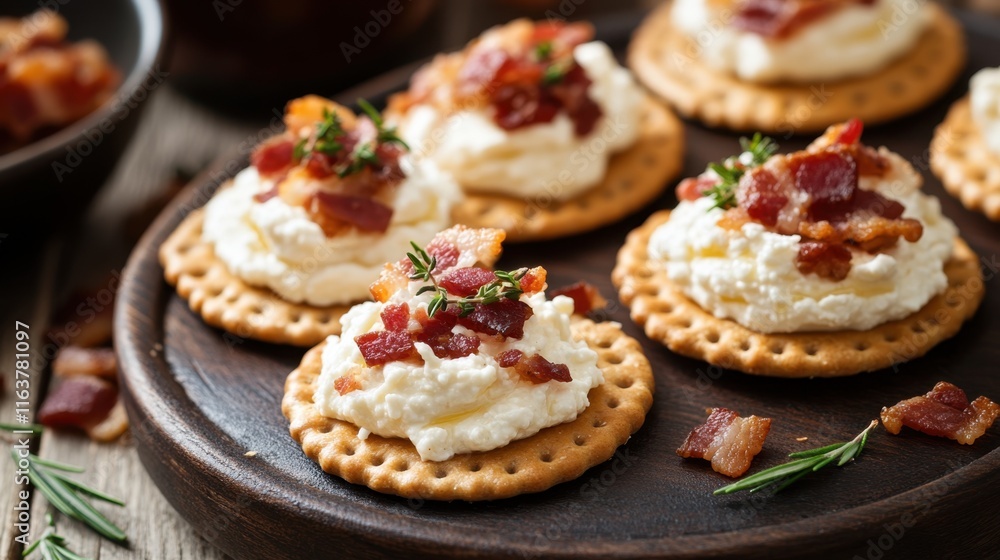 Savory crackers with creamy cheese and crispy bacon topping Savory crackers with creamy cheese and crispy bacon topping