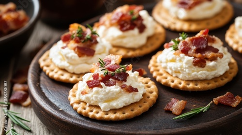 Savory crackers with creamy cheese and crispy bacon topping