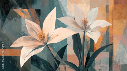 Abstract painting of two lilies with geometric background. photo