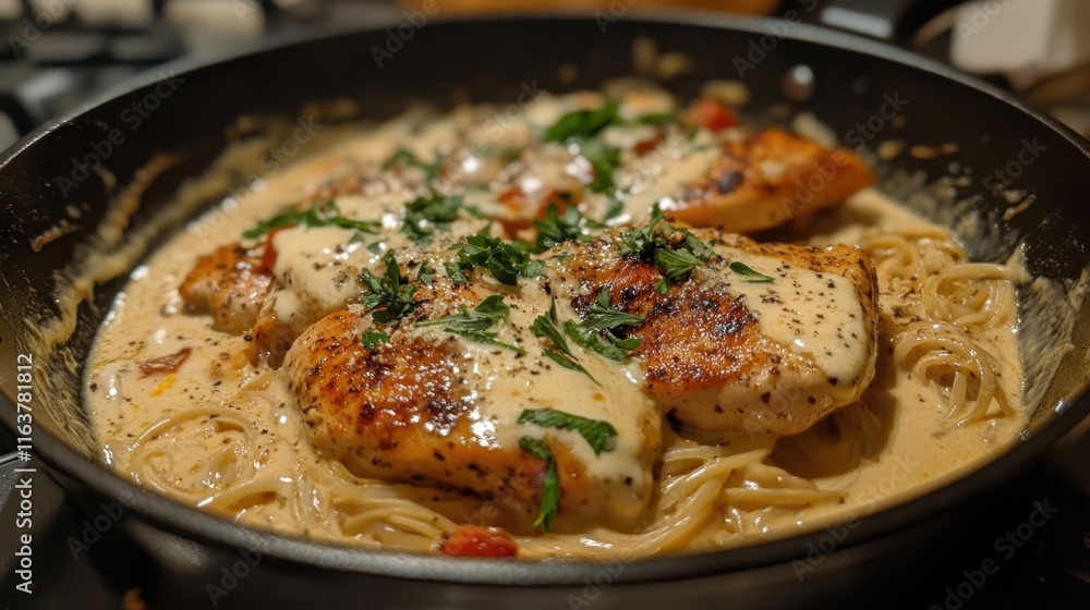 Creamy garlic chicken pasta with fresh herbs and pepper in a skillet Creamy garlic chicken pasta with fresh herbs and pepper in a skillet