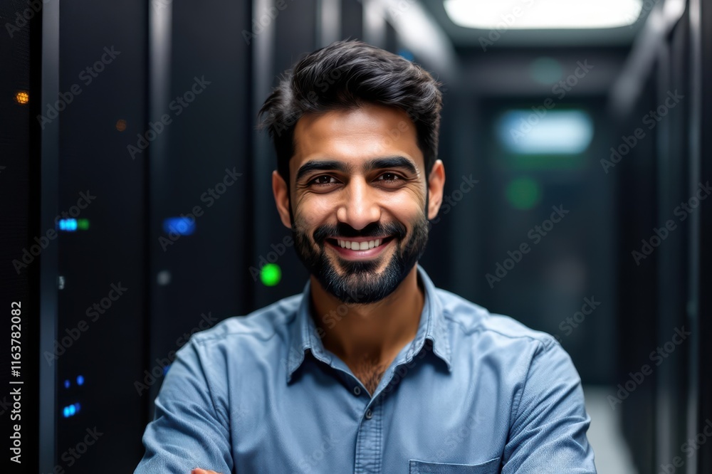  portrait of a smiling senior Pakistani male IT worker looking at the camera, against dark server room  background.
