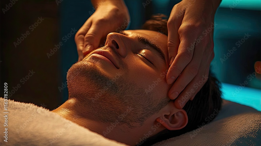 Naklejka premium Relaxing Male Facial Massage in Spa Setting with Soft Lighting