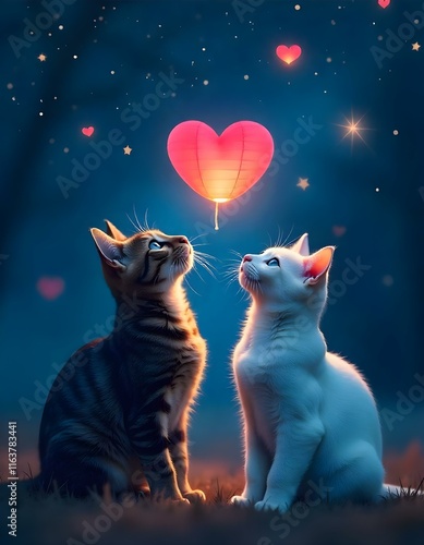 A tabby cat and a white cat looking up at a starry night sky, with heart-shaped lanterns floating above them, creating a romantic Valentine's Day atmosphere. photo