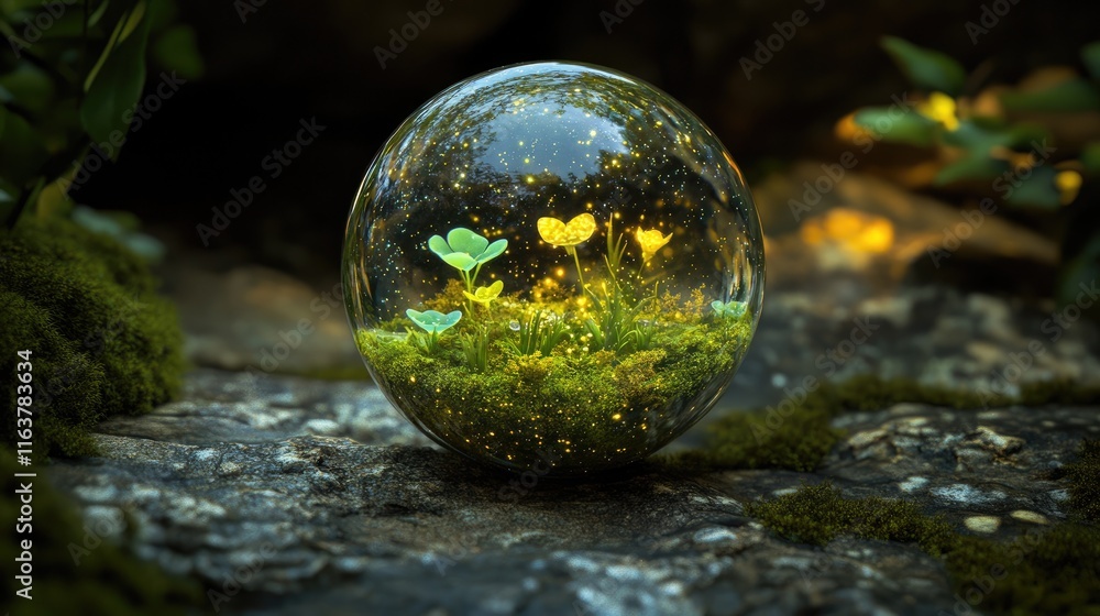 A glass orb containing glowing plants and moss, set on a rocky surface. A glass orb containing glowing plants and moss, set on a rocky surface.