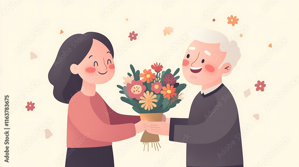 A happy retiree being presented with a bouquet of flowers by a friend or family member A happy retiree being presented with a bouquet of flowers by a friend or family member