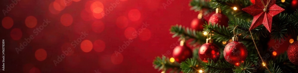Fototapeta premium Classic Christmas tree, red background, wreath, lights, bokeh, copy space , card, design