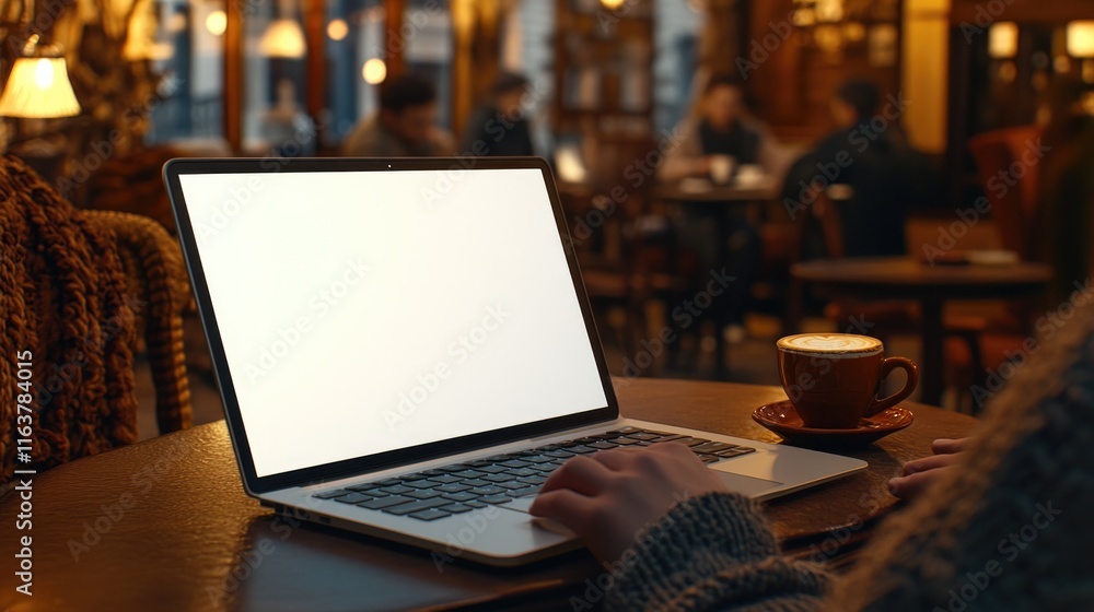Cozy café setting with warm lighting, person typing on laptop, c Cozy café setting with warm lighting, person typing on laptop, c
