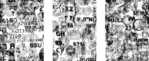 Set of posters with glitch distorted grunge texture. Poster collection texture with halftone dots, glitched shapes, textures and lines .Screen print vector poster pack with grunge textured surface