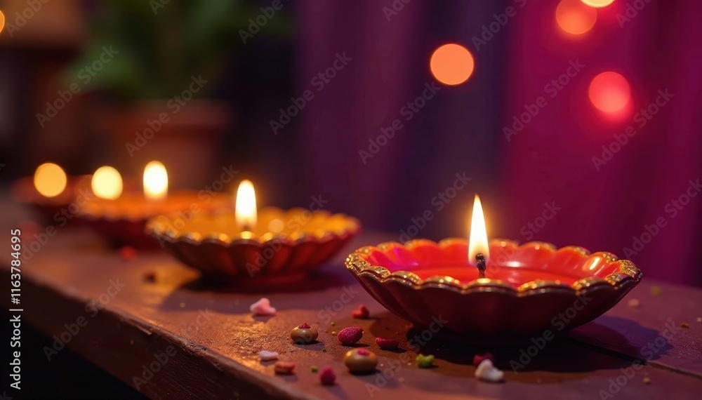 Obraz premium Colorful diyas and lamps on a table with Indian sweets, diyas lamps sweets puja rituals home decor festival decoration, autumn
