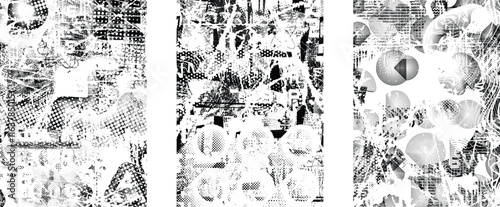 Set of posters with glitch distorted grunge texture. Poster collection texture with halftone dots, glitched shapes, textures and lines .Screen print vector poster pack with grunge textured surface