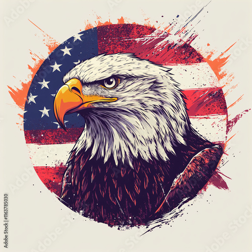 vector illustration of a fierce eagle head with the US flag in the background photo