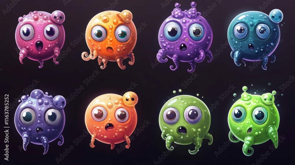 Fototapeta premium Fantasy alien planets for ui space game. Vector cartoon icons set of magic fantastic world, cosmic objects different colors with bubbles, holes and spirals. Cute planets and moons collection