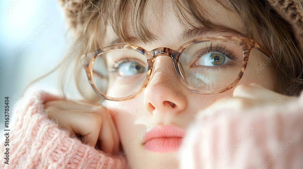 Young woman with glasses and pink sweater looking away. Young woman with glasses and pink sweater looking away.