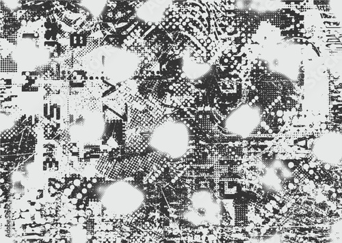 Set of posters with glitch distorted grunge texture. Poster collection texture with halftone dots, glitched shapes, textures and lines .Screen print vector poster pack with grunge textured surface