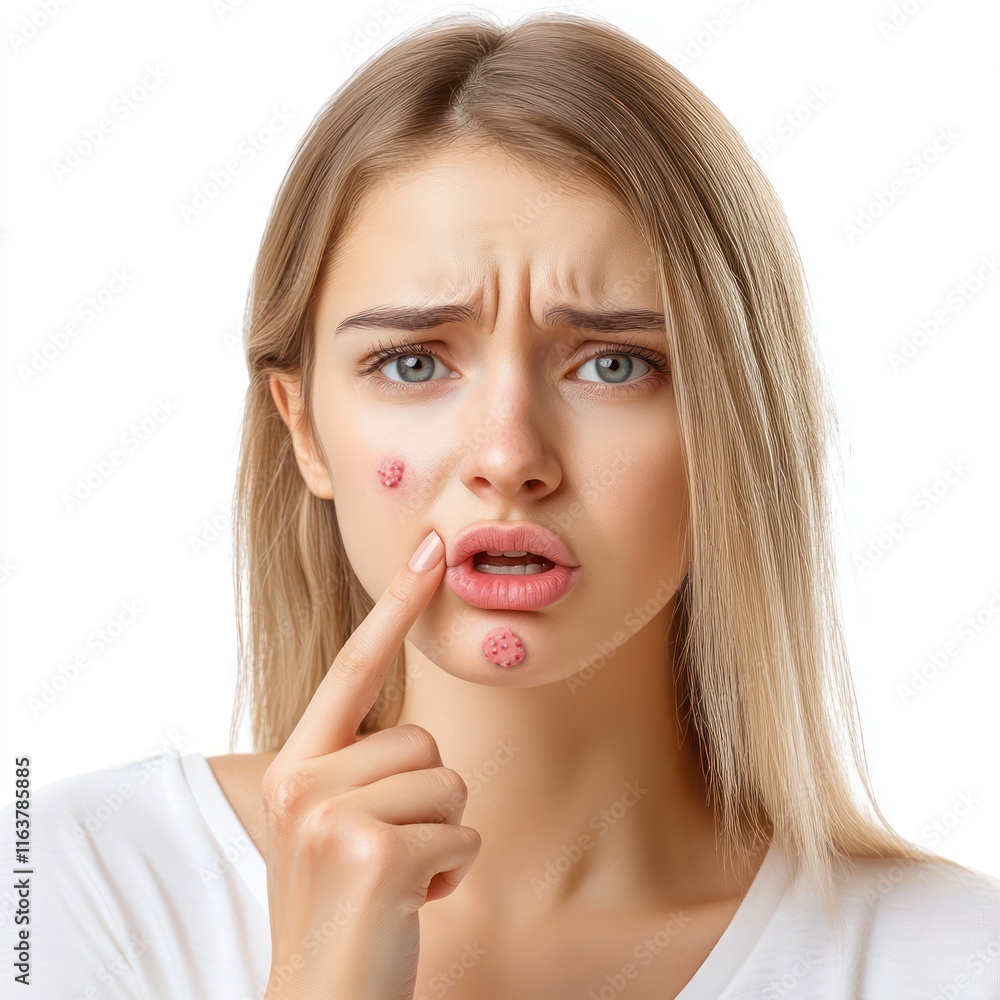 Herpes on the lip Young woman points Isolated on White Background Generative AI Herpes on the lip Young woman points Isolated on White Background Generative AI