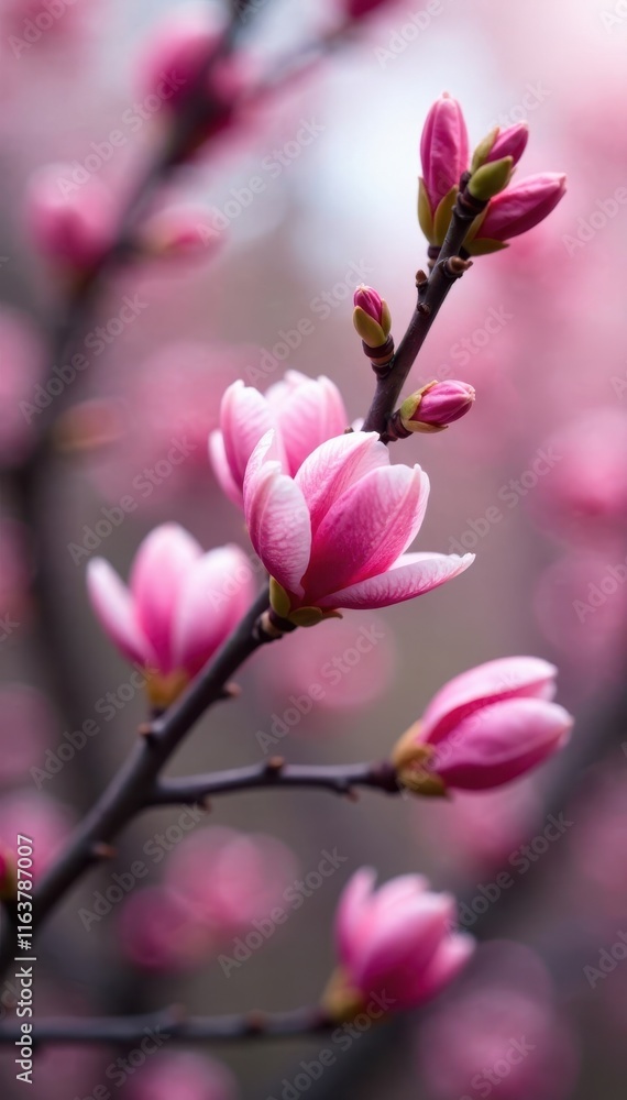 Fototapeta premium Delicate pink petals unfolding on bare branches in spring, blossoms, spring