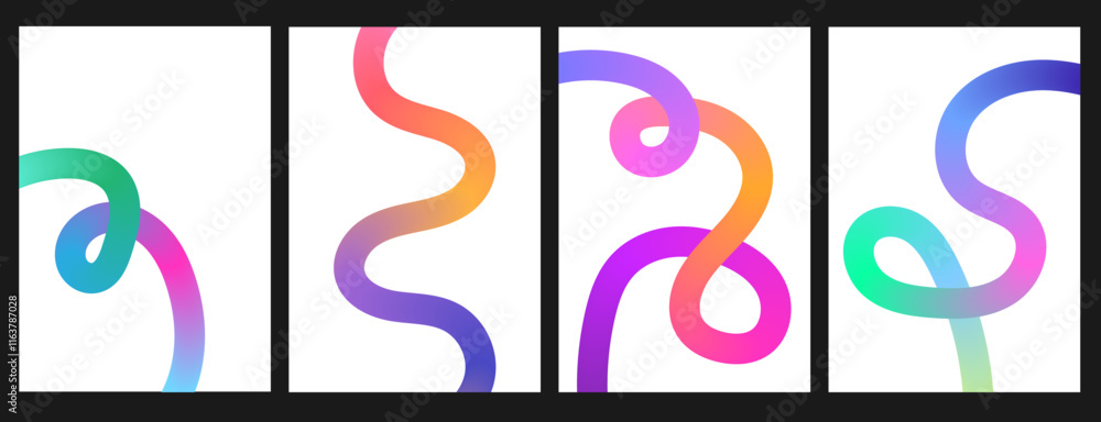 Abstract Color Gradient wavy liquid Shapes with loop. Set of flier with Colorful Wavy Swirl Ribbons. Colorful Fluid Wave Pattern. Squiggly Design Element