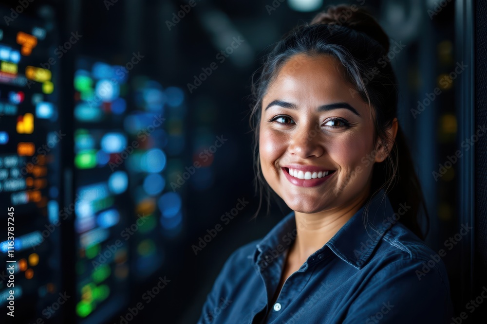 Obraz premium portrait of a smiling senior Samoan female IT worker looking at the camera, against dark server room background.