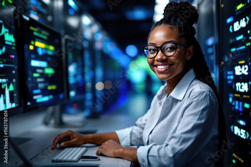  portrait of a smiling senior Sao Tomean female IT worker looking at the camera, against dark server room  background. photo