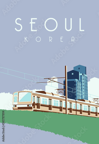 illustration of city and train in downtown seoul