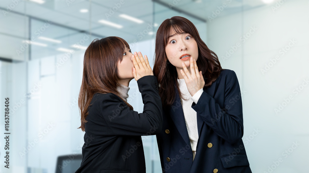 内緒の話を聞いて驚く女性・ビジネスウーマン 内緒の話を聞いて驚く女性・ビジネスウーマン