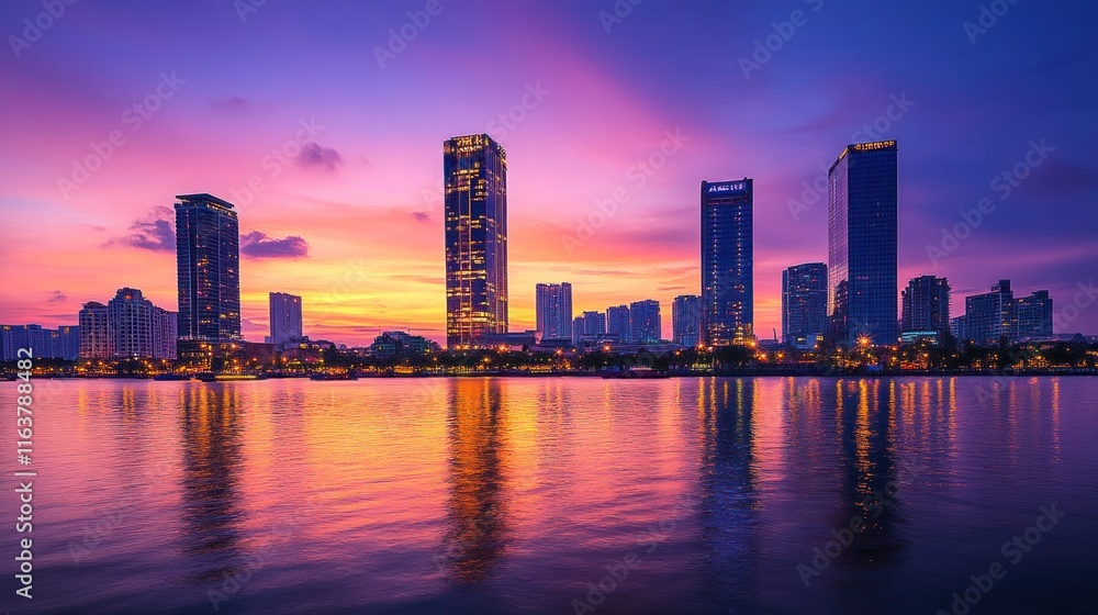 Fototapeta premium Vibrant sunset cityscape reflected in calm water.