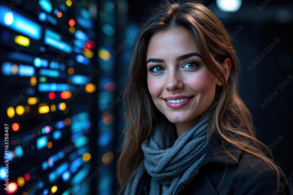 Obraz premium portrait of a smiling senior Serbian female IT worker looking at the camera, against dark server room background.