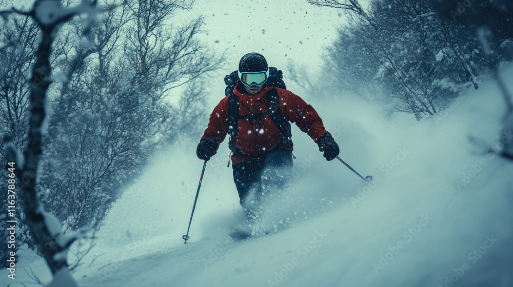 Skier carving through deep powder snow in a snowy forest during a blizzard. Skier carving through deep powder snow in a snowy forest during a blizzard.