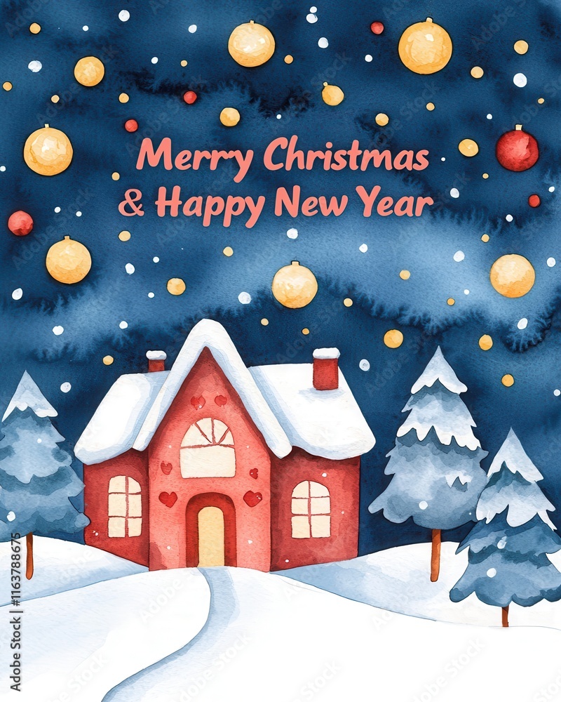 Fototapeta premium Merry Christmas and Happy New Year in whimsical watercolor concept. A festive winter scene featuring a cozy house and holiday decorations