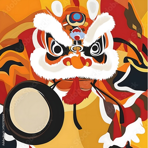 Lion Dance Drum: vibrant and dynamic illustration of a lion dance performer, showcasing the traditional Chinese cultural art form with bold colors and expressive details. photo