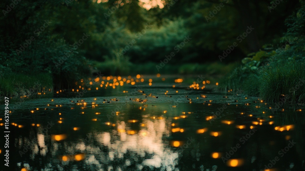 Obraz premium Firefly lights illuminate calm creek at dusk.